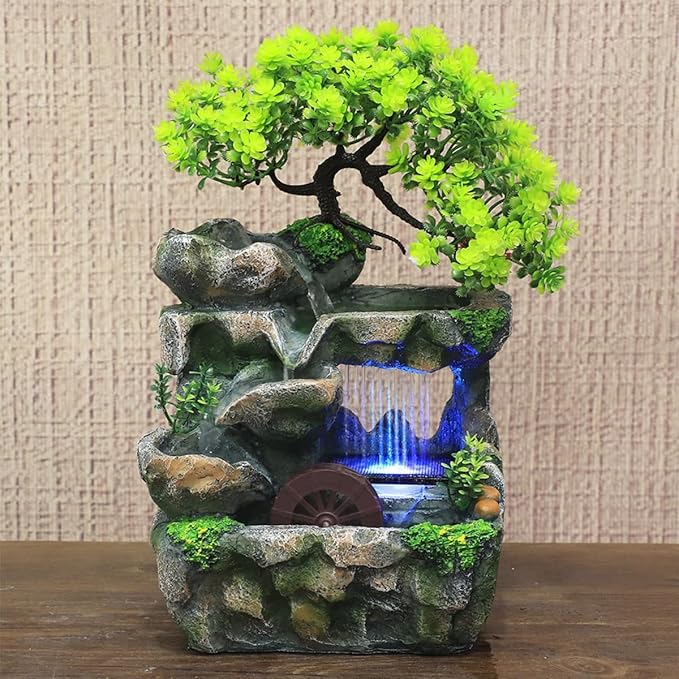 Rockery Stream Tabletop Fountain, Zen Meditation Indoor Waterfall Feature with Automatic Pump and Switch, Desktop Fountain for Home Office Bedroom Decoration (D)