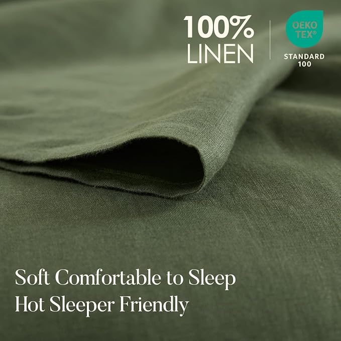 DAPU 100% Linen Pillowcases 20x30 Inches Pillow Cases (Pack of 2) with Envelope Closure, Stone Washed Breathable and Cooling (Olive Green, Queen)