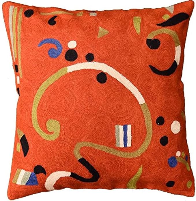 Kandinsky Modern Pillow Cover - Orange Ribbon | Mid Century Chair Cushions | Orange Abstract Pillows | Contemporary Pillowcase | Modern Couch Pillows | Hand embroidered Cushion | Wool Size 18x18