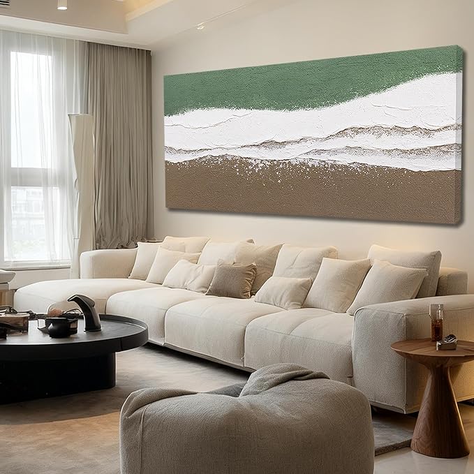 ZUNARE Large Abstract Wall Art Green and White Canvas Artwork with Natural Brown Accents, Contemporary Calm Wall Decor for Living Room Bedroom Office Kitchen 29"x58"