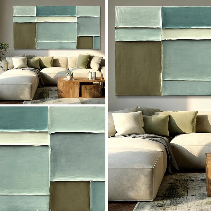 Hue7Art Modern Abstract Green Canvas Wall Art Soft Neutral Color Hand Painting Block Design Minimalist Artwork for Living Room Bedroom Office Contemporary Decor 29x58 Inch