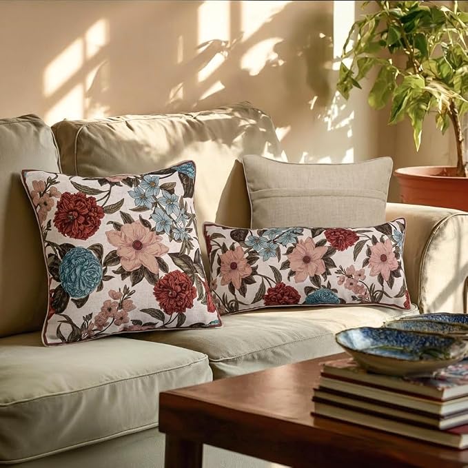 bilin gaier French Vintage Linen Throw Pillow Cover,28"x12"-Burgundyred | Designer Rectangular Pillow Cover,Concealed Zipper Design,Floral Pattern,Sofas,Bedroom,Living Room,Lounge Chairs