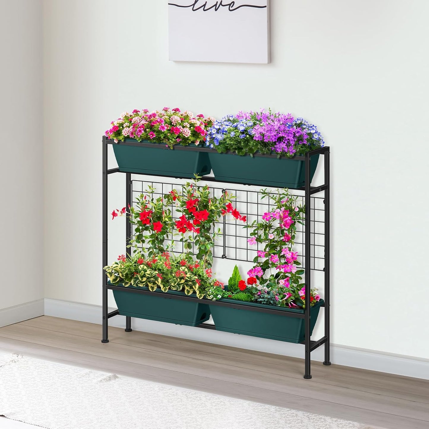 Raised Garden Beds 32.4" Tall Vertical Planter Boxes with Trellis Standing Herb Garden Planter Outdoor with Metal Fences Legs for Small Climbing Plant Gardening Vegetables Patio Balcony Porch, Green