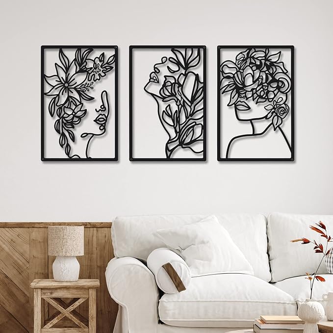 CHENGU 3 Pieces Metal Minimalist Abstract Woman Wall Art Line Drawing Wall Art Decor Single Line Female Home Hanging for Kitchen Bathroom Living Room