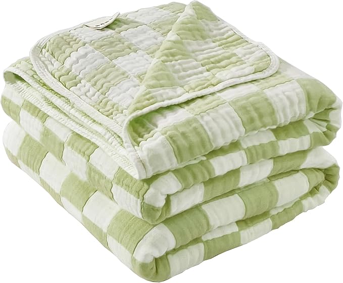 NIDITW Checkerboard Cotton Muslin Throw Blanket for Couch 6-Layer Checkered Gauze Blanket Soft Breathable All Season for Couch Bed Sofa (Matcha Green, King)