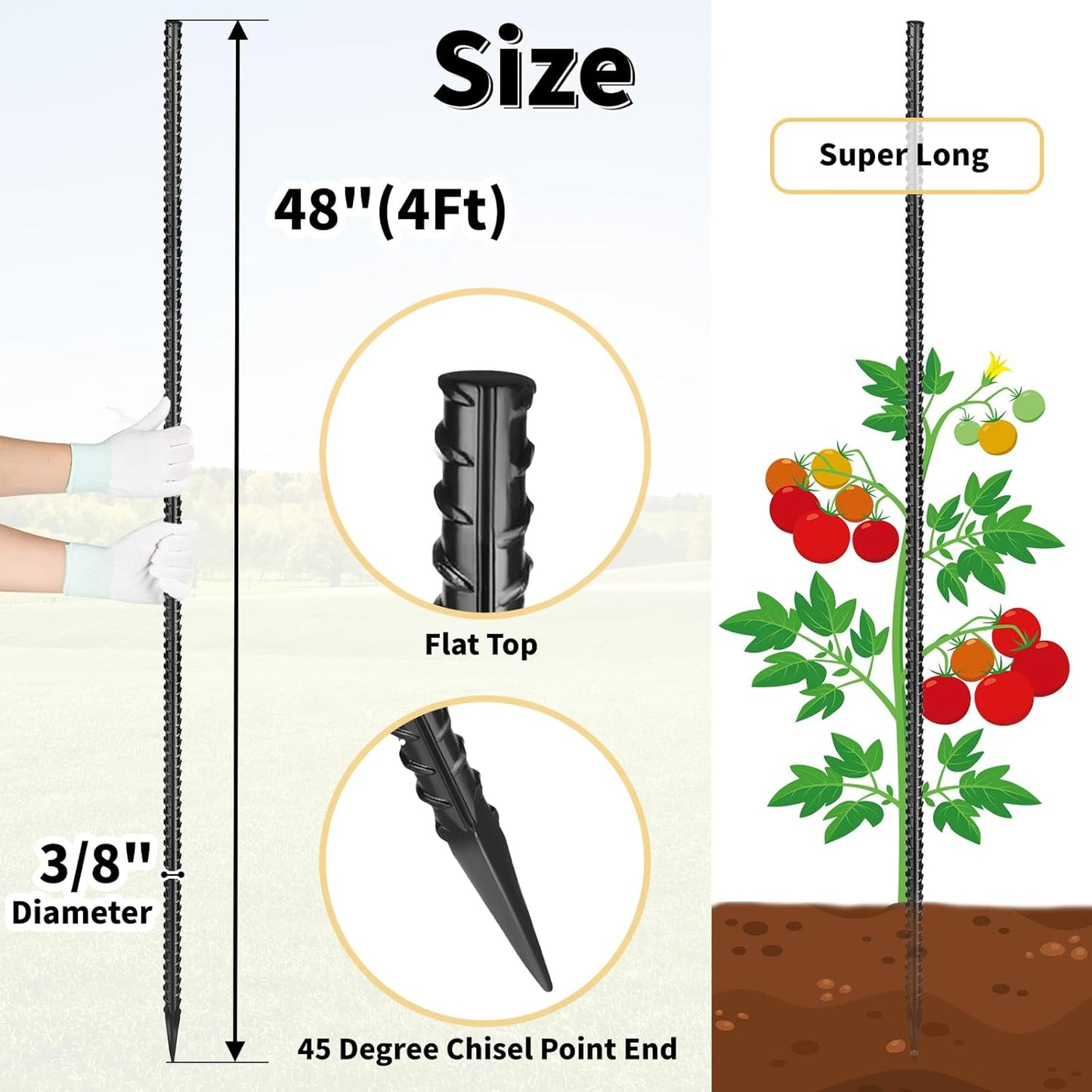 Rebar Stakes 48 inches 16-Pack Concrete Form Stakes Straight 3/8" Diameter Rebar Ground Metal Stakes for Landscaping, Securing Fence, Garden Plants Support, Survey Markers and Securing Trees