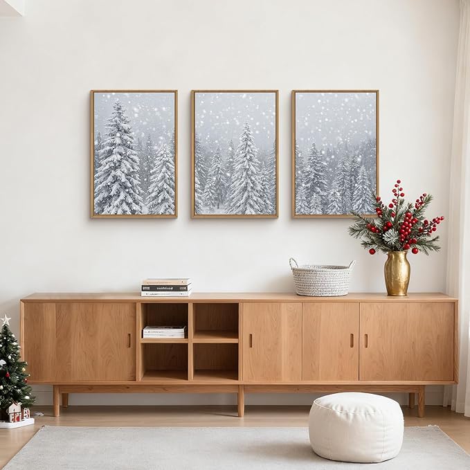 Snowy Christmas Tree Natural Woodland Framed Canvas Wall Art Set,Modern Rustic Winter Snow Covered Pine Forest Wall Decor,Wilderness Frosty Landscape Artwork for Xmas Room,Farmhouse- 16"x24"x3