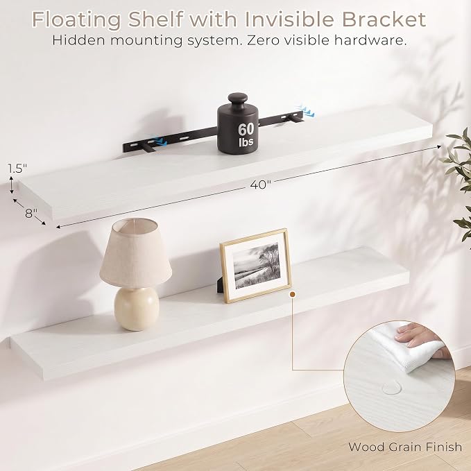 Vivelove Wall Floating Shelves for Display with Invisible Brackets, Long Floating Shelves for Bedroom Bathroom Living Room Kitchen Office, 40”X 8" X 1.4", Set of 2 - White