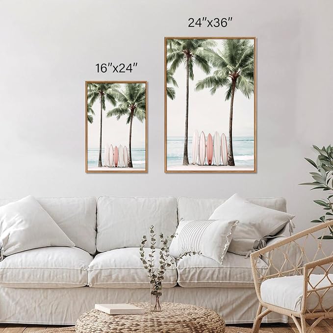 KYLESONLIE Tropical Beach Themed Framed Canvas Wall Art, Pastel Girly Surfboard Wall Decor, Relaxing Hawaii Palm Tree Posters, Coastal Beachy Art Paintings for Girls Bedroom Living Room Dorm 24"x36"x3