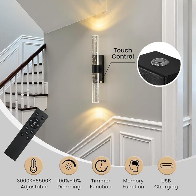 Battery Operated Wall Sconces Set of Two - Wireless Black Sconces with Remote 12000mAh Rechargeable Modern Crystal Wall Lights Cordless Wall Lamps for Bedroom Living Room Bathroom