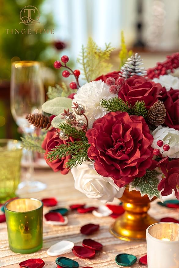 TINGE TIME Artificial Flowers Poinsettia Faux Flowers Bulk for DIY Bridal Wedding Bouquets Baby Shower Centerpiece Table Home Decorations