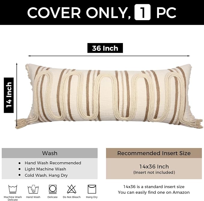 Beige Boho Lumbar Pillow Cover 14x36 with Handmade Drawn Work | Modern Farmhouse Long Lumbar Decorative Pillows Cushion Case for Bed Couch Accent Decor