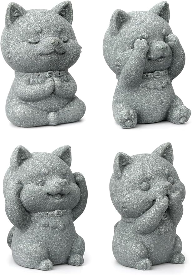 4 Piece Cute Dog Figurine Set, Sandstone See no Evil,Hear no Evil,Speak no Evil,Do no Evil Statues, Zen Garden/Desk Decor