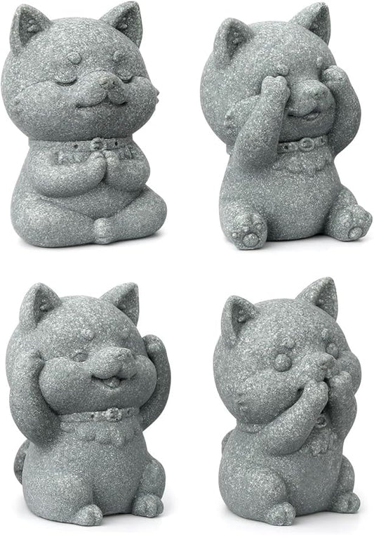 4 Piece Cute Dog Figurine Set, Sandstone See no Evil,Hear no Evil,Speak no Evil,Do no Evil Statues, Zen Garden/Desk Decor