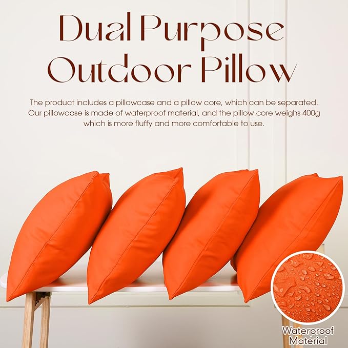 Colingmill 4 Set Waterproof Orange Outdoor Throw Pillow Covers with 4 Pillow Inserts 18x18 Inch Decorative Waterproof Throw Cushion for Sofa Couch Home Patio