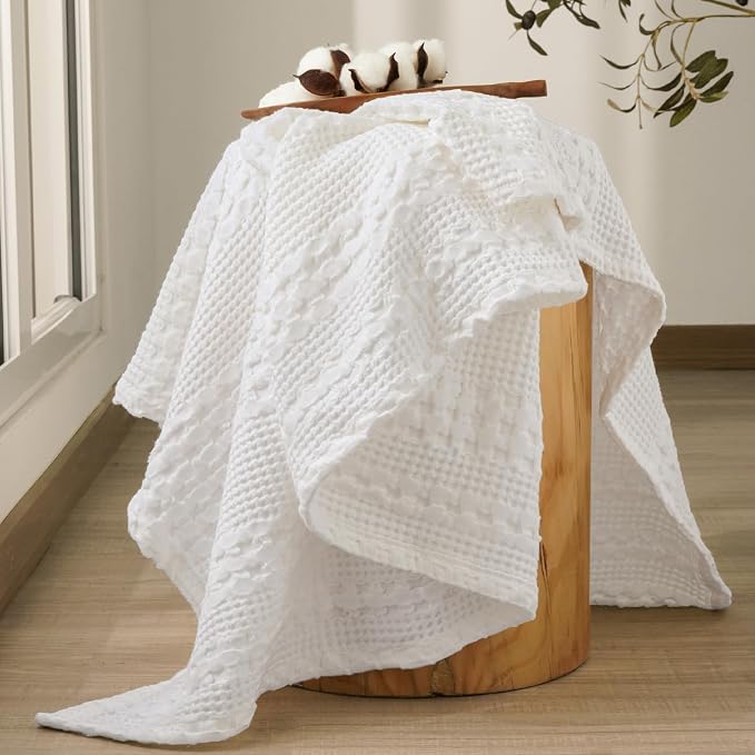 PHF 100% Cotton Waffle Throw Blanket for Couch, Lightweight Breathable and Soft for Summer, Luxury Aesthetic Waffle Weave Blanket for Home Decor & Office, Gifts for Women, 50"x60", White