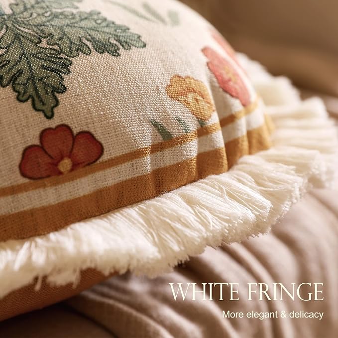 patdrea Vintage Linen Throw Pillow Cover,Diameter 16"-RosaSilvestre E | French Decorative Pillow Case,Yellow Floral Pattern,Cushion Coverfor Couch Living Room Bedroom,Fringe Trim