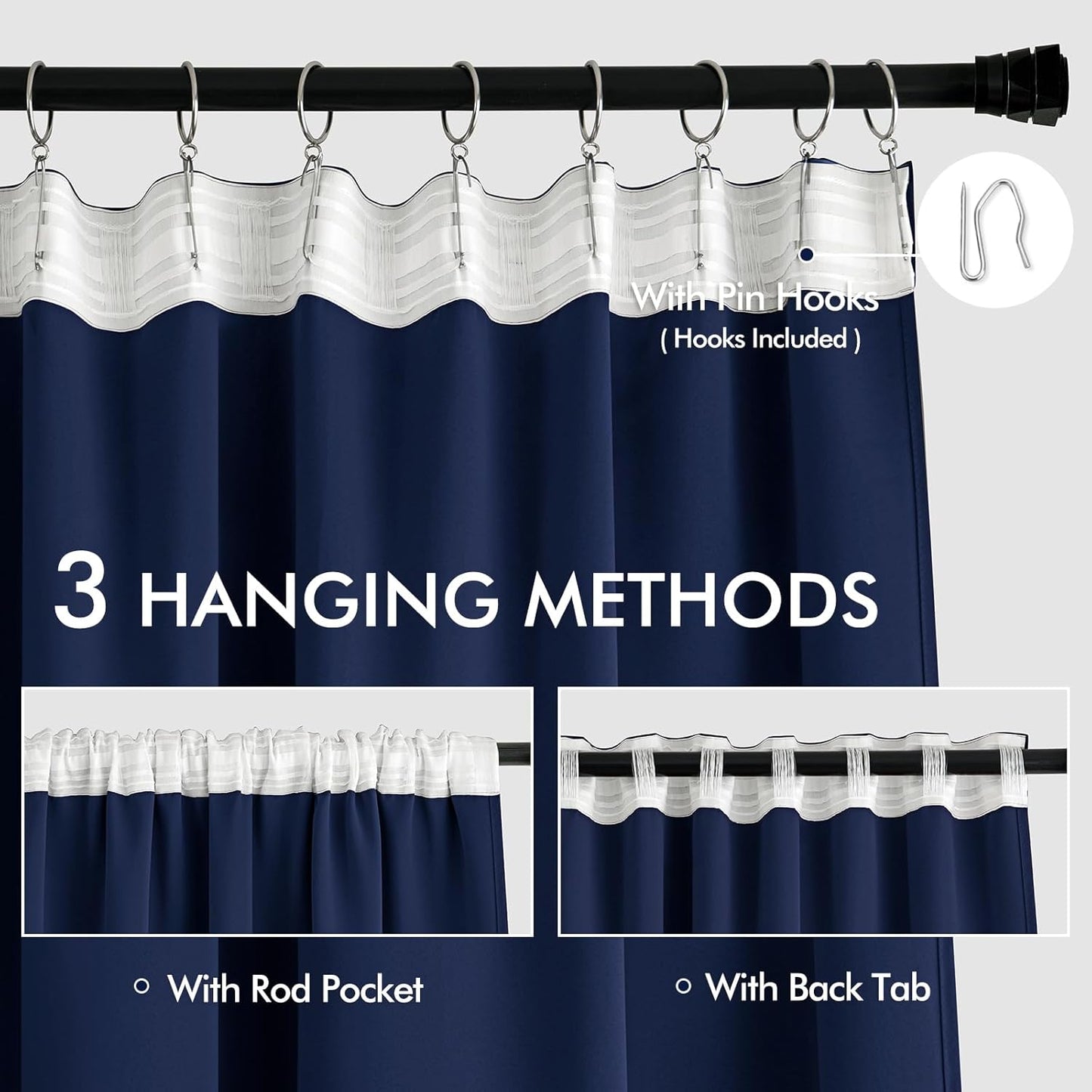 MIULEE Navy Blue Back Tab Blackout Curtains 63 Inch Length 2 Panels Set for Living Room Bedroom Privacy, Rod Pocket/Pinch Pleat Thermal Insulated Room Darkening Pleated Light Blocking Drapes