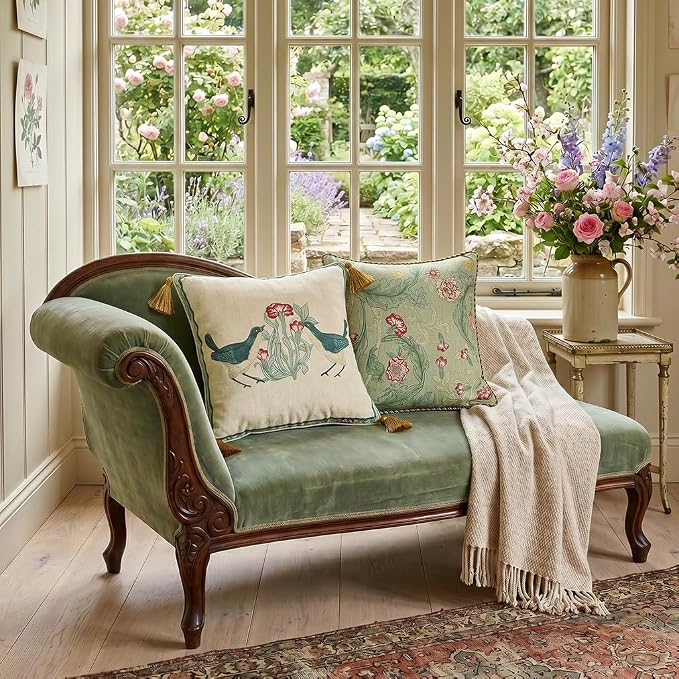 patdrea French Vintage Linen Throw Pillow Cover,18"x18",Set of 2-Cecilia E | Decorative Pillow Case with Zipper,Green Floral Pattern,Cushion Coverfor Couch Living Room Bedroom Sofa