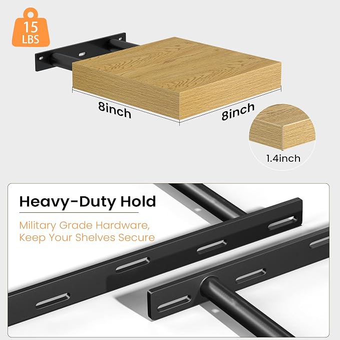 Fun Memories Floating Shelves for Wall, 8 Inch Set of 4 Rustic Wood Wall Shelves with Invisible Brackets, Heavy Duty Storage Display for Bathroom Bedroom Living Room Kitchen, Oak