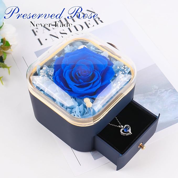 Beferr Gifts for Mom Preserved Real Blue Rose with Necklace Eternal Roses Forever Flowers for Delivery Christmas Anniversary Birthday Mothers Day Flower for Women Her Grandma Wife Daughter Girlfriend
