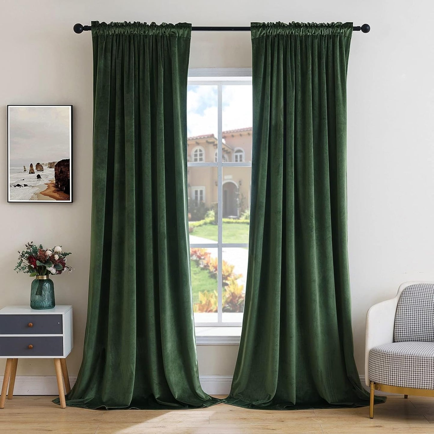 MIULEE Olive Green Velvet Curtains Thermal Insulated Blackout Curtain Drapes for Bedroom Living Room Darkening 120 Inches Long Curtains Panels Rod Pocket Set of 2