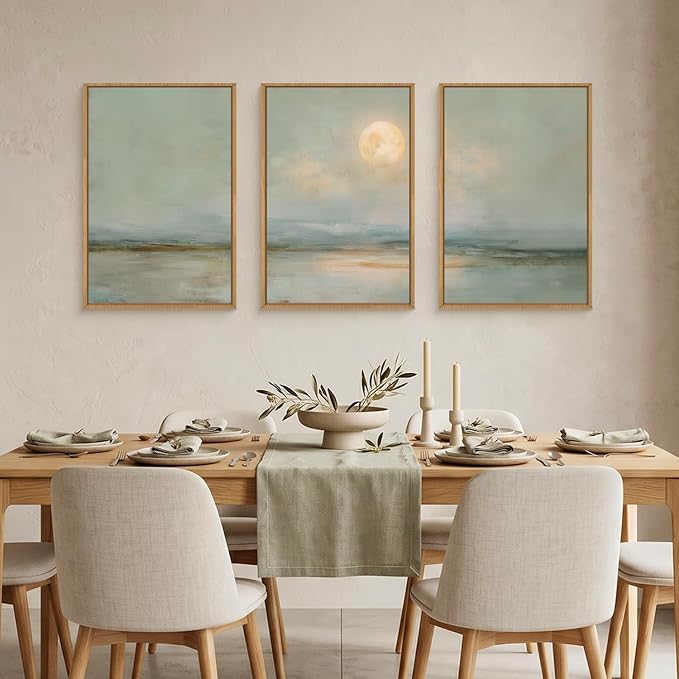 LHIUEM Large Abstract Moon Green Framed Canvas Wall Art Set,Minimalist Beige Gray Wall Decor, Nature Lake Landscape Art Painting for Living Room,Bedroom,Dining Room,Office -24"x36"x3