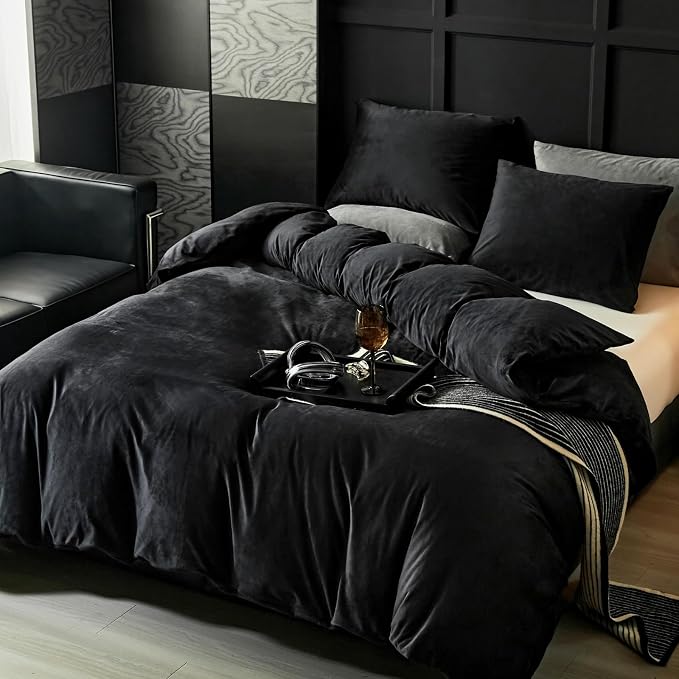 WARMDERN Black Flannel Velvet Duvet Cover Queen Size Duvet Cover Bedding Sets, 3pcs Ultra Soft Luxury Textured Modern Crystal Velvet Duvet Covers with Zipper Closure(Black, Queen)