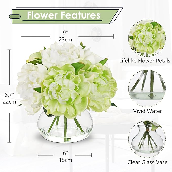 Hollyone White and Green Peonies Artificial Flowers with Vase Faux Flowers Peony Fake Flowers Silk Flower Arrangements in Glass Vase with Faux Water for Bathroom Table Centerpiece Shelf Home Decor