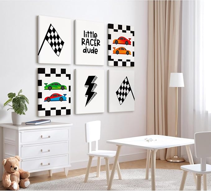 Race Car Wall Art Pictures Boys Room Wall Decor Nursery Toddler Canvas Wall Art Kids Playroom Art Prints Boys Race Car Poster Nursery Artwork Set of 6 for Bedroom 8x10 Inch Framed