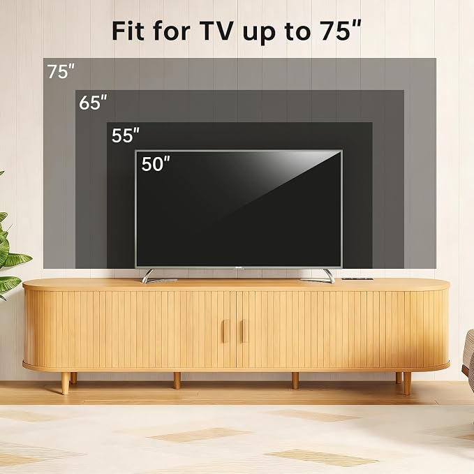 70" Mid Century Modern TV Stand, Wood TV Consoles with Sliding Doors and Power Outlet, Entertainment Center with Adjustable Shelves, Fluted TV Stands for Living Room, Oak