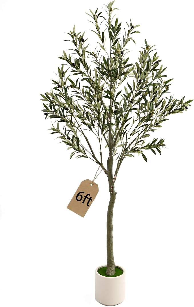 6ft Fake Olive Tree Artificial Indoor,Faux Olive Tree with Pot,Large Olive Branches and Lifelike Fruits,for Home Office House Living Room Decor.