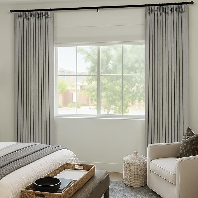 Pinch Pleated Linen Curtains 90 Inches Long for Living Room Bedroom 2 Panels Rustic Grey Thick Linen Textured Pinch Pleat Hooks Rings Back Tab Memory Trained Semi Sheer Drapes 90 Inch Length