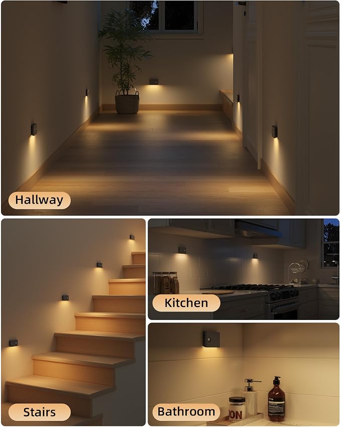 EZVALO 3 Pack Motion Sensor Night Lights, Sync LED Stair Lights Indoor, 1500mAh Rechargeable, Magnetic & Dimmable, 3000K Soft White, Portable Nightlight for Hallway, Stairs, Bathroom, Bedroom (Black)