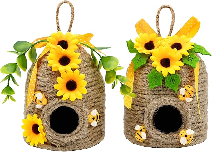 nuvagiki 2 Pack Bee Hive Decor, Farmhouse Bee Decorations with Sunflower, Rustic Bumble Bee Tiered Tray Decor for Kitchen Table, Spring Summer Home Decor