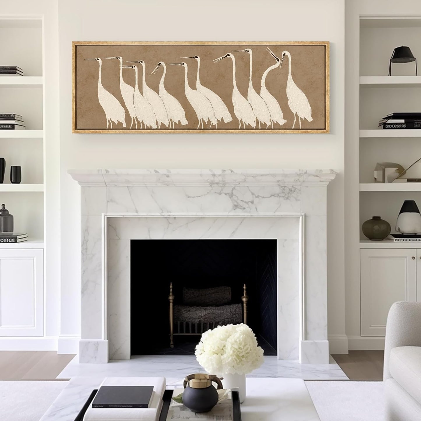 MUDECOR Large Framed Canvas Print Wall Art Minimalist White Cranes on Beige Background Antique Retro Fine Art Illustrations Decorative Colorful for Bedroom - 60"x20"