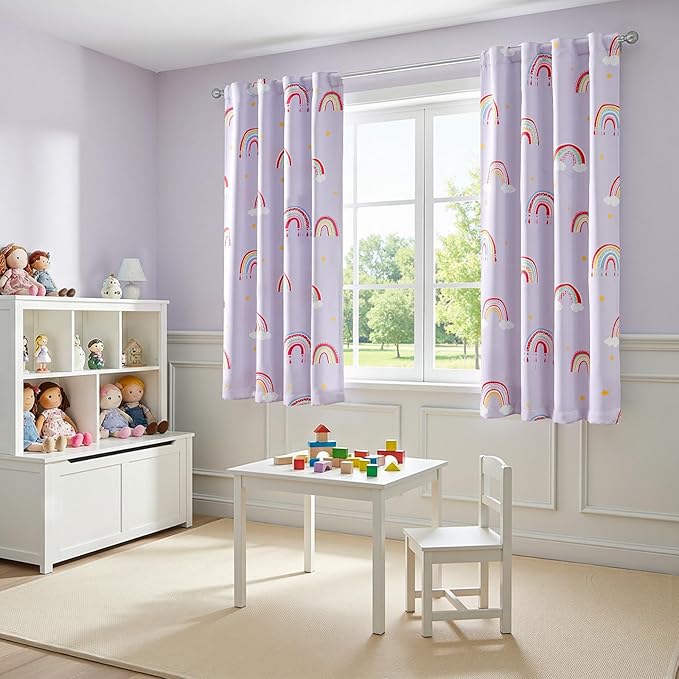 Vangao Blackout Curtains for Kids Bedroom Rainbow Purple Nursery Curtains 63 Inch Length Short Drapes for Teen Girls Thermal Insulated Room Darkening Light Blocking for Living Room Set of 2
