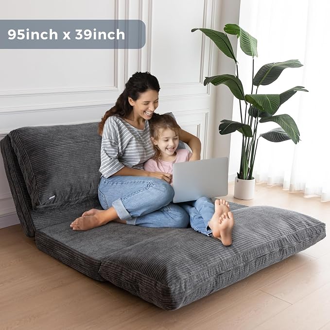 MAXYOYO Folding Sofa Bed, Extra Thick and Long Floor Sofa Convertible Chair with Washable Cover, Floor Couch Lounge Bean Bag Bed for Living Room, Dark Grey, 39x91 Inch