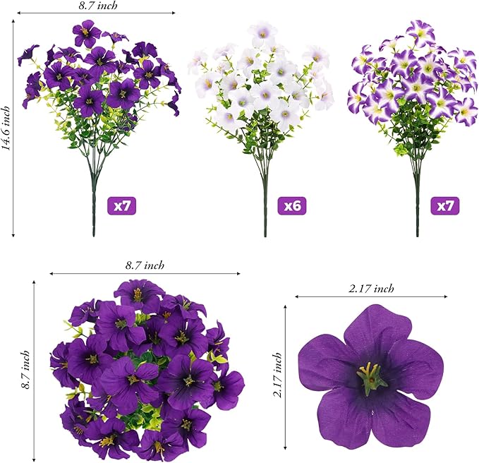 20 Bundles Artificial Petunias Flowers for Outdoors, Faux Silk Flowers UV Resistant Realistic Fake Plants for Outside Planters Porch Patio Yard Garden Spring Summer Home Decor, Purple White