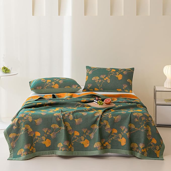 100% Cotton Jacquard Quilt Floral Ginkgo Leaves Print,Soft Muslin Bed Cover 3 Layers Reversible Bedspread Coverlet Breathable Lightweight Bedding,King(98"x94"), No Pillow Sham