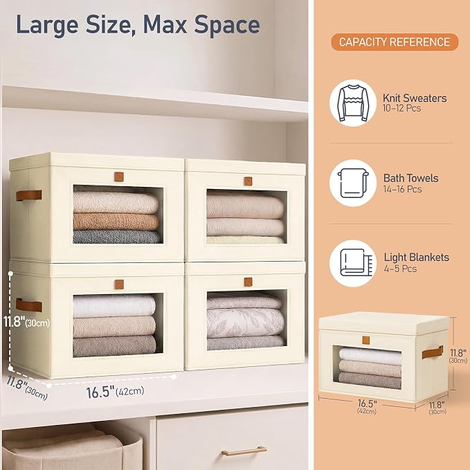DIMJ Storage Bins with Lids - 6 Pack Front Opening Stackable Fabric Storage Boxes with Clear Window & Handles, Collapsible Closet Organizers for Clothes, Sweaters, Shelf Storage, Bedroom, Beige