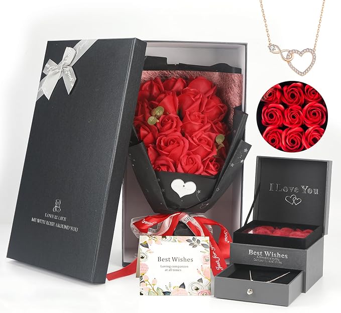 Rose Bouquet Rosas Eternas Preserved Rose Bouquet 18 Flower Bouquet with Beautiful Love Necklace, Unique Gift for Birthday, Valentine's Day, Mother's Day, Thanksgiving, Christmas, Anniversary(Red)