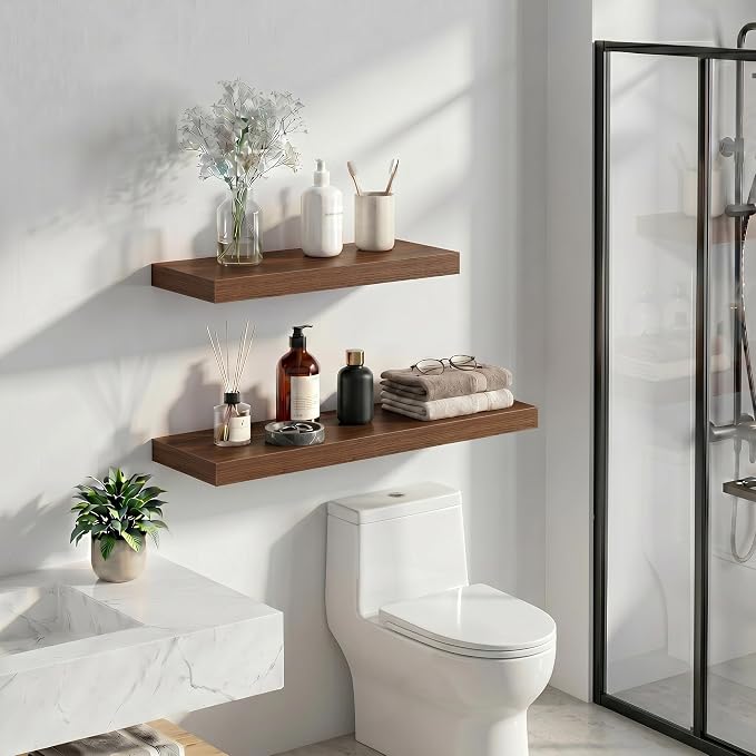 Heimlove 24 Inch Floating Shelves for Wall Walnut Shelves Set of 2,Wall Mounted Rustic Wood 9.3 Inch Deep Floating Shelf with Invisible Brackets for Bedroom Kitchen Living Room