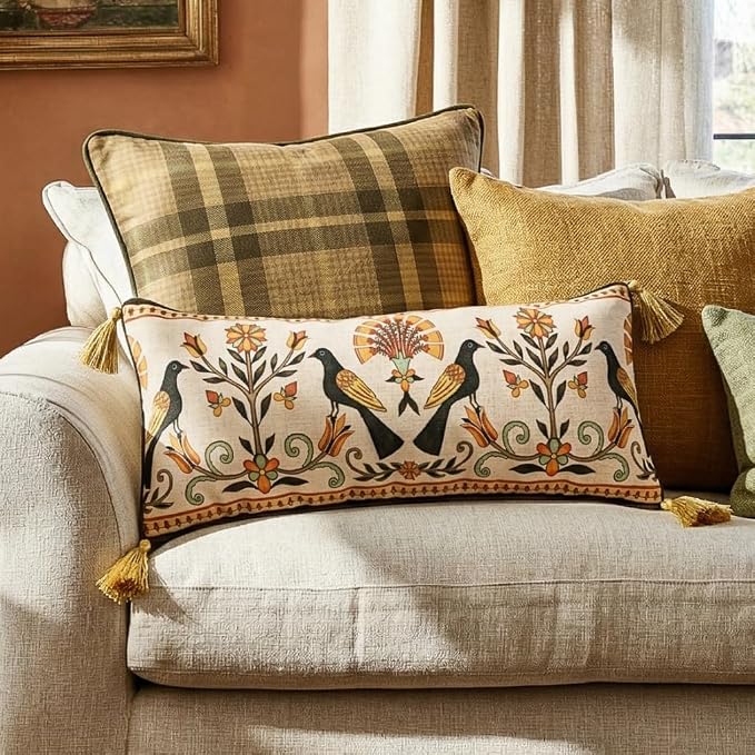 bilin gaier Rectangle Linen Throw Pillow Covers,28"x12" Set of 2-Seville C | Designer Vintage Elegant Pillow Cover,Concealed Zipper,Floral and Bird Pattern,Sofas,Bedroom,Living Room,Chairs