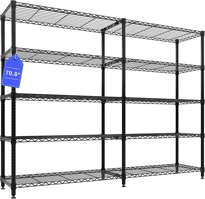 Garvee 71"Wide Storage Shelves Metal Shelving Units 5 Tier, Wire Shelving Rack 1325LBS Heavy Duty Adjustable for Storage, 71"W x 15.8"D x 70.5"H Standing Shelf Unit, for Kitchen Garage Pantry Basement