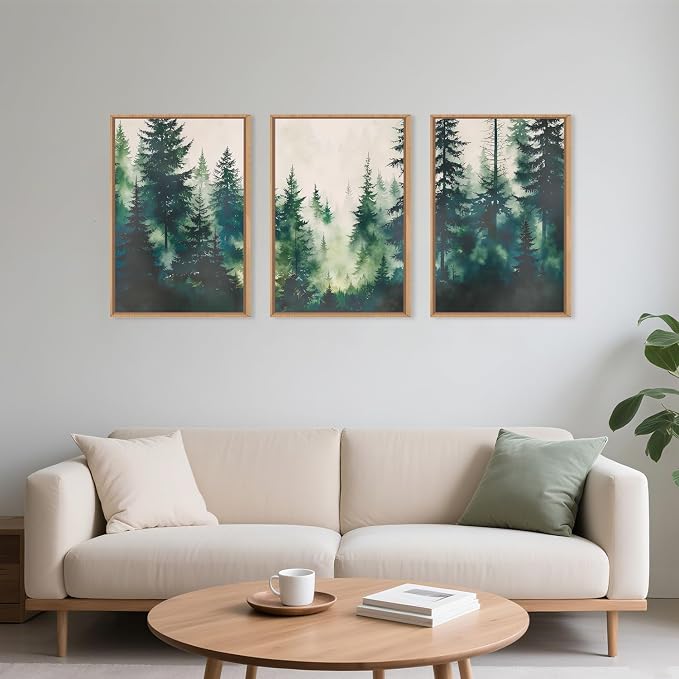 DRACIT Watercolor Misty Green Forest Framed Canvas Wall Art Set,Modern Foggy Pine Tree Wall Decor,Calming Greenery Boho Landscape Artwork for Living Room,Bedroom,Office-24 x36 x3