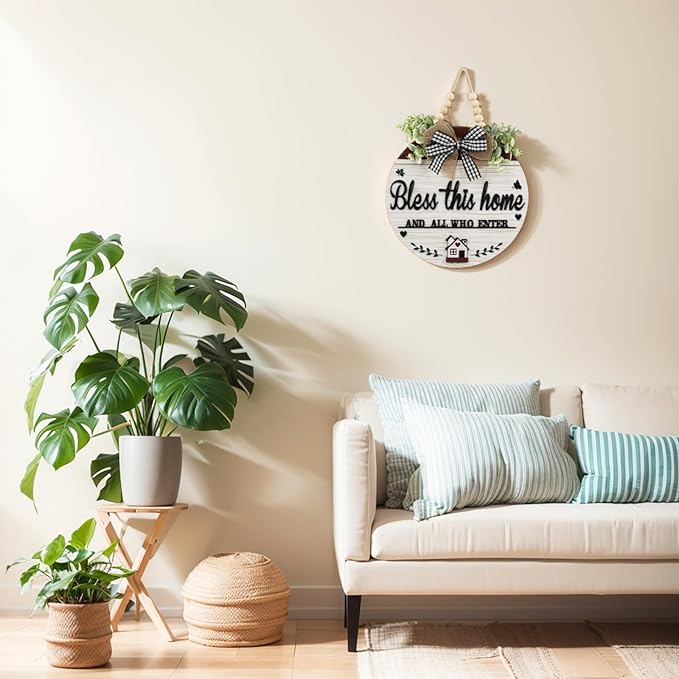 3D Bless This Home And All Who Enter Wooden front Door Signs，Door Decorations Hanging,Christian Jesus Home Porch Wall Decor，Spring Wreaths，Door Wreaths for Front Door Outside All Season