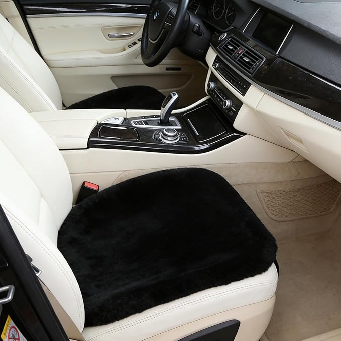 OGLAND 20 inchs Fluffy Genuine Australia Sheepskin Car Seat Cover for Auto Interior Accessories with Soft Fuzzy Wool Cushion Natural Fur (Black, Front)
