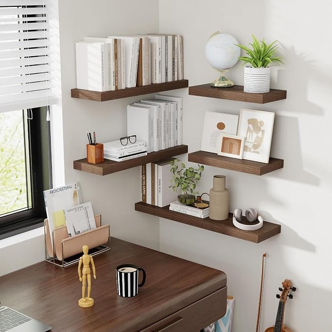 Acovy 55 Inch Floating Shelves, 8 Inch Deep Floating Shelves for Wall, Hanging Shelf with Invisible Brackets, Deep Shelves for Bathroom, Bedroom, Living Room, Walnut, Set of 1