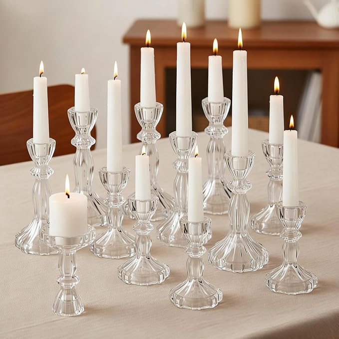 12 Pack Glass Candlestick Holders Set 4.3/6.1'' Taper Stripe Candle Holder Bulk Floral Shape Crystal Decorative Candle Stand Centerpiece for Table Wedding Dining (Clear)